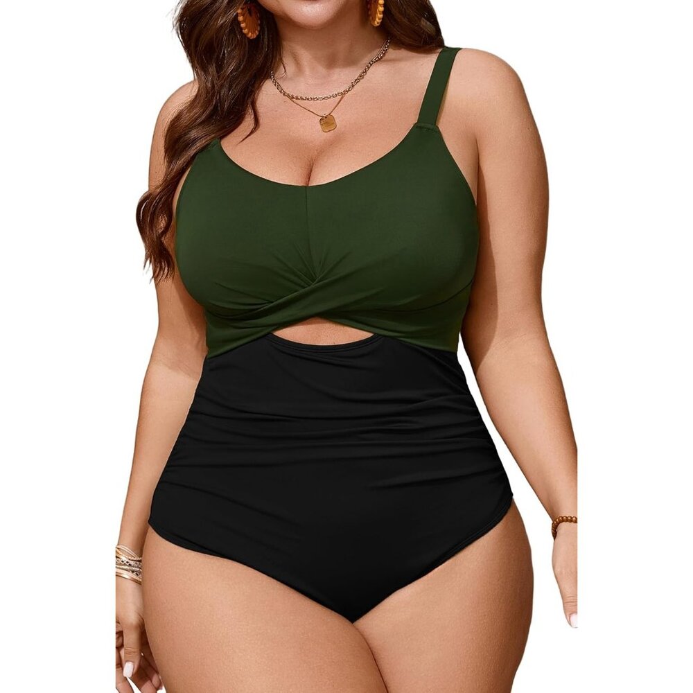 Women's Plus Size One Piece Swimsuit Bathing Suit Tummy Control Cutout Front NEW